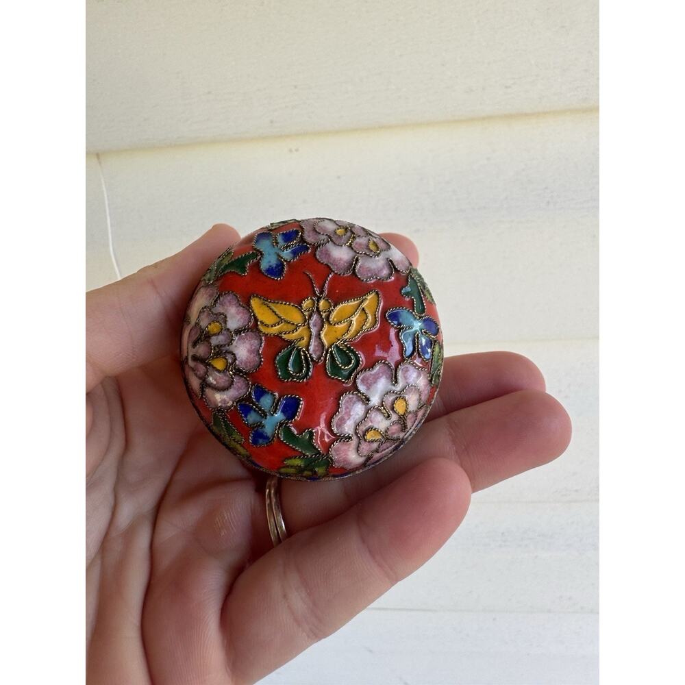Cloisonne Hand Crafted Chinese Cloisonne Jewelry Box Floral Red Yellow Trinket